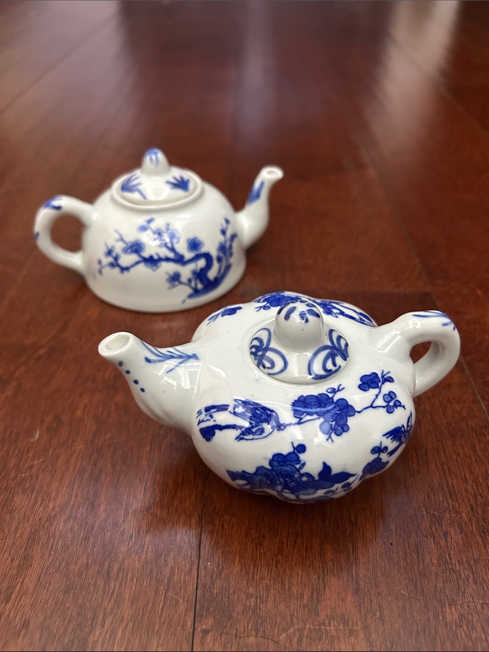 Blue & White Ceramic Teapot Accent - Classic Floral Motif, Set of Two